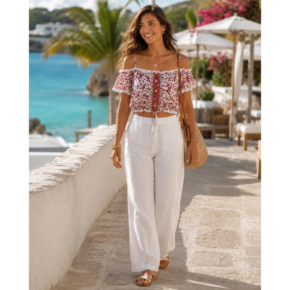 Poupette St Barth Honey Floral Off Shoulder Crop Top NWT 100% Cotton Medium